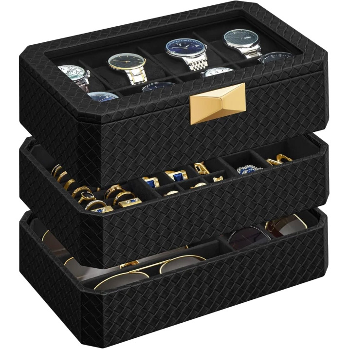 ORGANIZARE - SONGMICS Cutie ceasuri Ronne Collection, 8 sloturi cu compartimente, piele PU impletita, 27x20x15 cm, negru