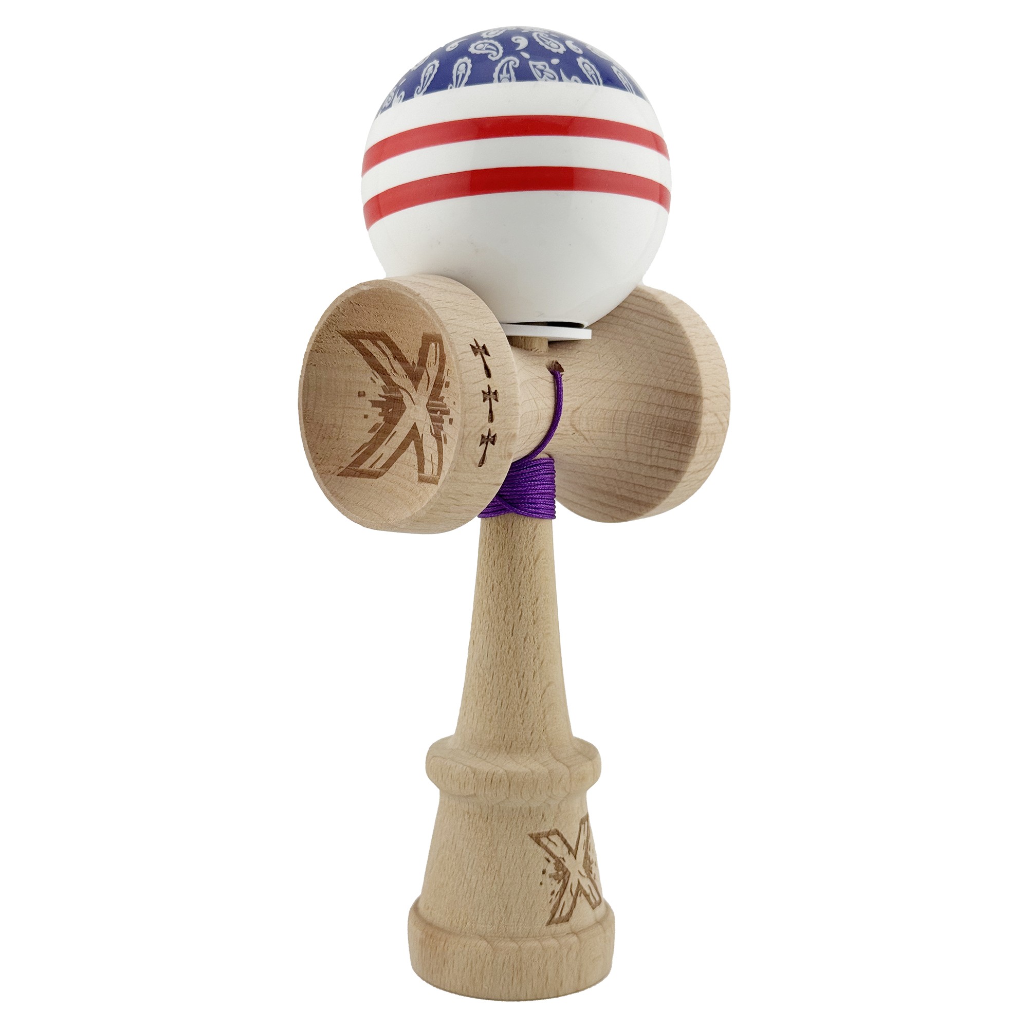 ✨TOATE PRODUSELE✨ - Kendama X Originala CHICANOS, Profesionala, , Cupe Mari KING SIZE V3, Super Sticky, Gaura in Baza, Rulment Metalic, din lemn 18 cm, Ata 55 cm, Mov/Alb