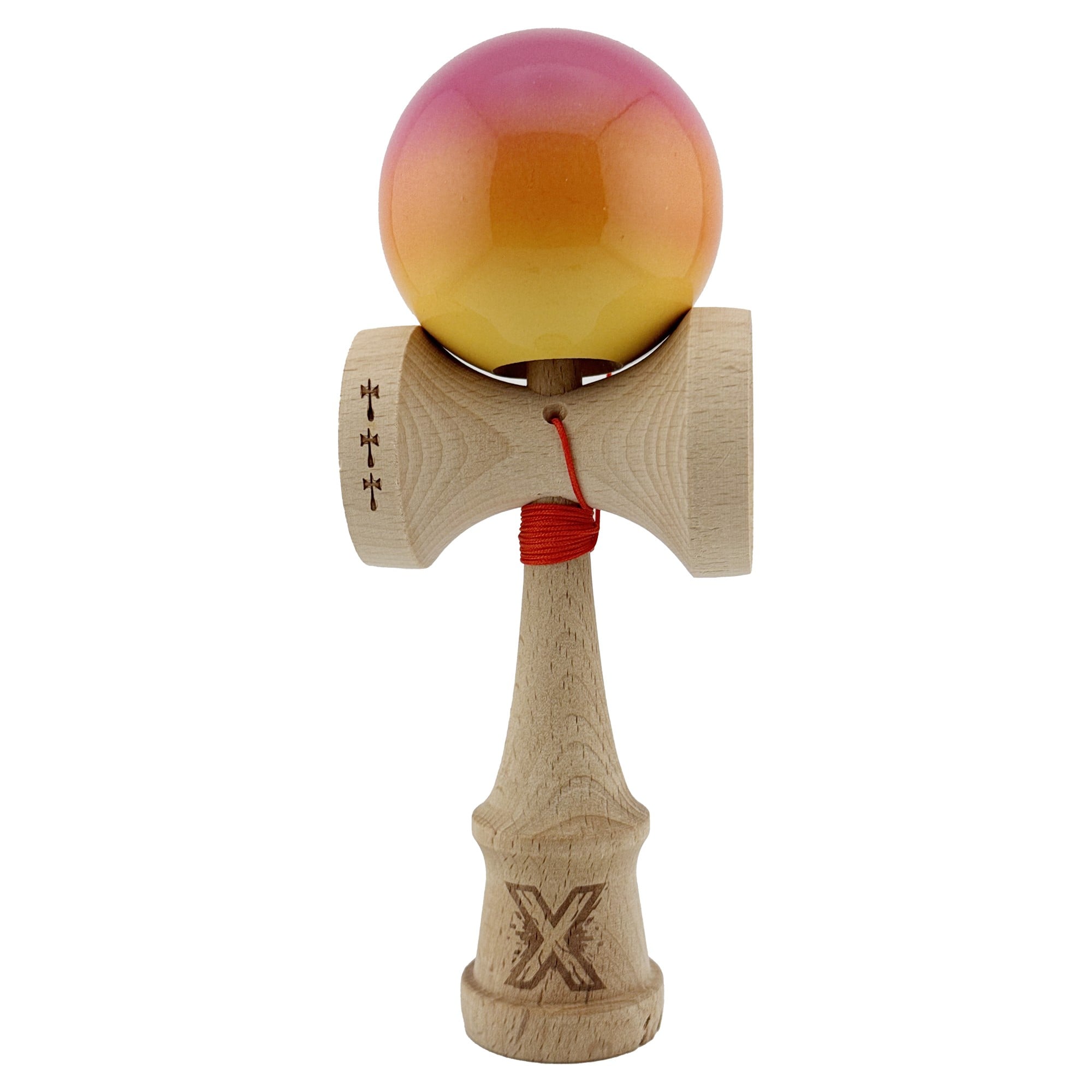 ✨TOATE PRODUSELE✨ - Kendama X Originala, Profesionala, , Big Cups V2, Super Sticky Cupe Mari, Rulment Metalic cu Ata 55 cm, Roz/Portocaliu/Galben