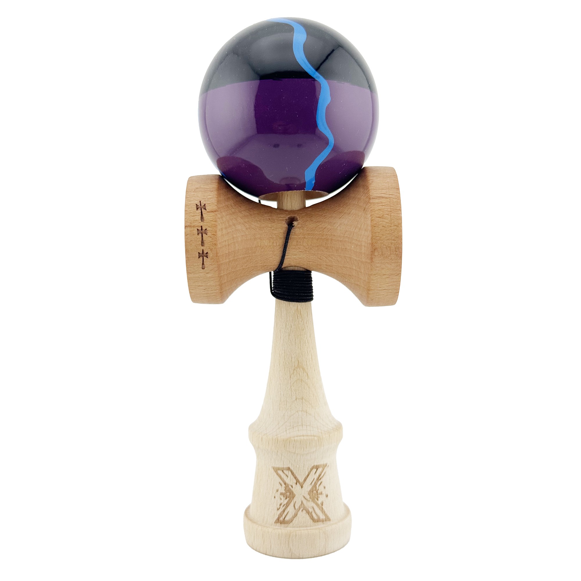 ✨TOATE PRODUSELE✨ - Kendama X Originala, Profesionala, , Big Cups V2, Super Sticky cu Cupe Mari, Rulment Metalic, din lemn 18 cm, Ata 55 cm, Negru/Mov