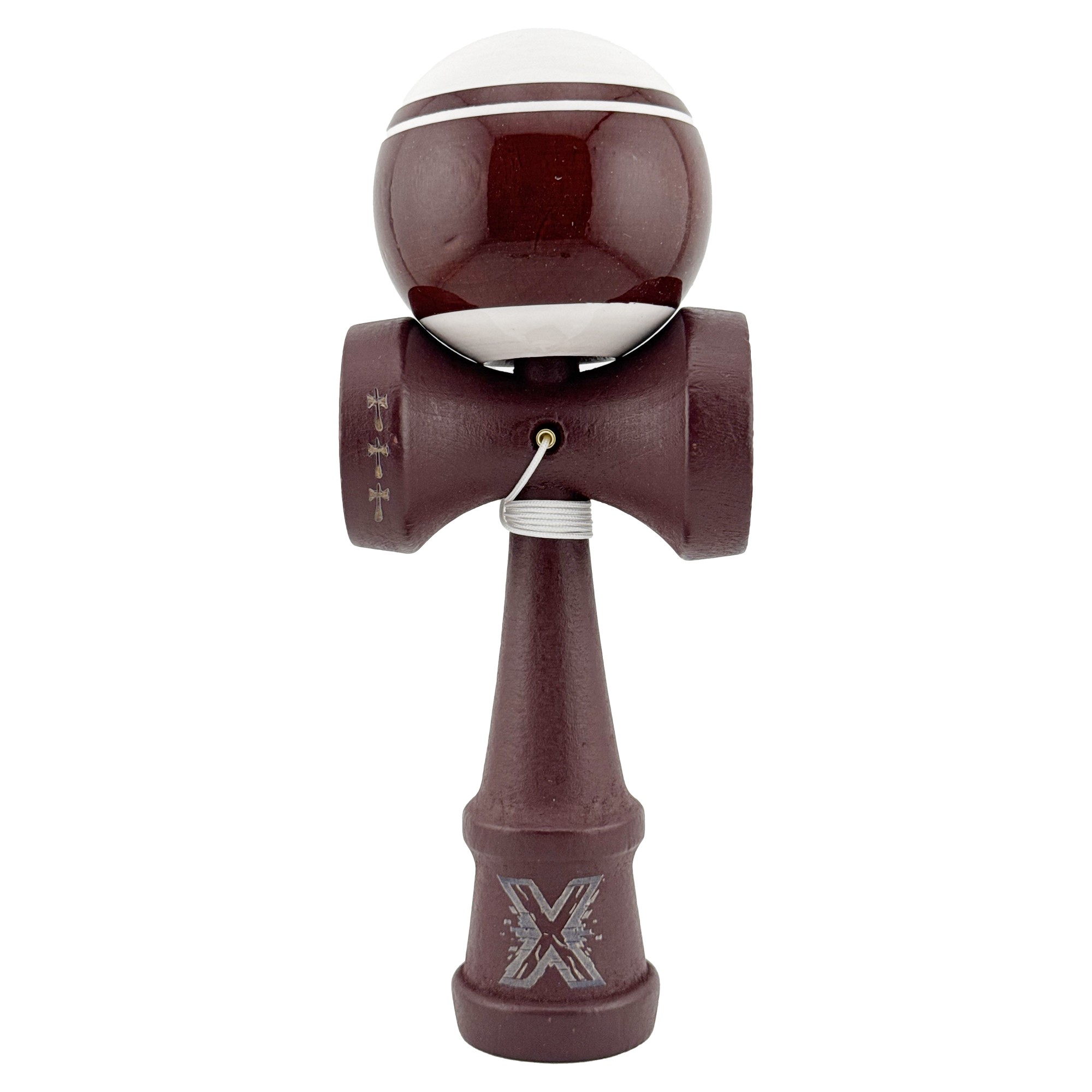 ✨TOATE PRODUSELE✨ - Kendama X Originala, Profesionala, , Super Sticky Legendary, Rulment Metalic cu Ata 55 cm, Alb/Maro