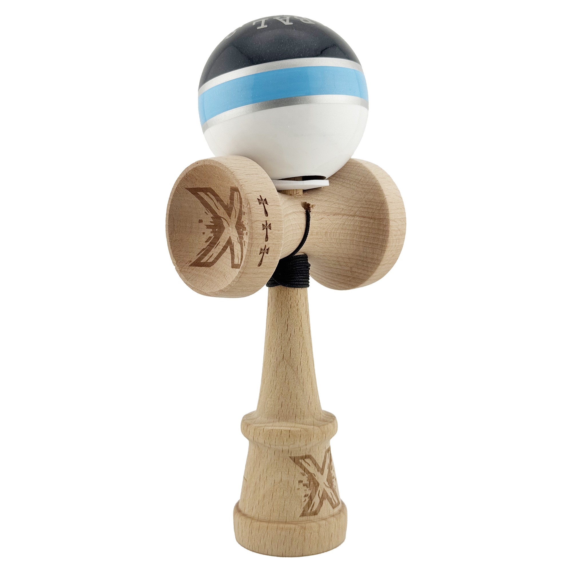 ✨TOATE PRODUSELE✨ - Kendama X Originala ROYAL SPIKE, Profesionala, , Cupe Mari KING SIZE V3, Super Sticky, Gaura in Baza, Rulment Metalic, din lemn 18 cm, Ata 55 cm, Inel Albastru deschis