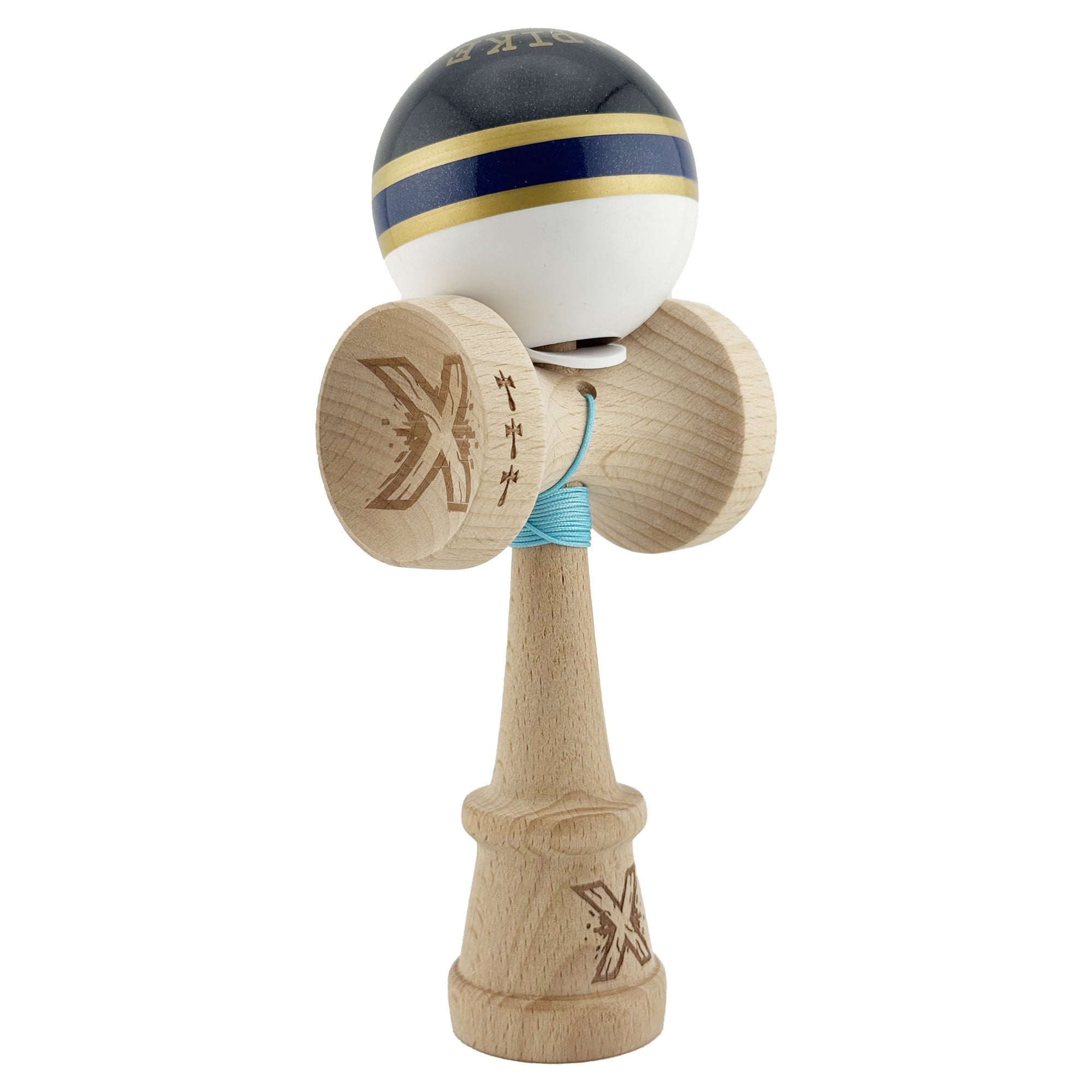 ✨TOATE PRODUSELE✨ - Kendama X Originala ROYAL SPIKE, Profesionala, , Cupe Mari KING SIZE V3, Super Sticky, Gaura in Baza, Rulment Metalic, din lemn 18 cm, Ata 55 cm, Inel Albastru inchis