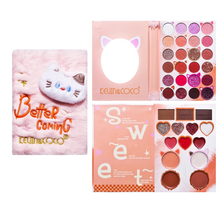 ✨TOATE PRODUSELE✨ - Set de Machiaj Kevin&Coco, 38 culori, Fard Ochi, Iluminatoare si Contouring, Husa Pufoasa, Model Pisicuta, 17.3x12.5x5 cm, Multicolor