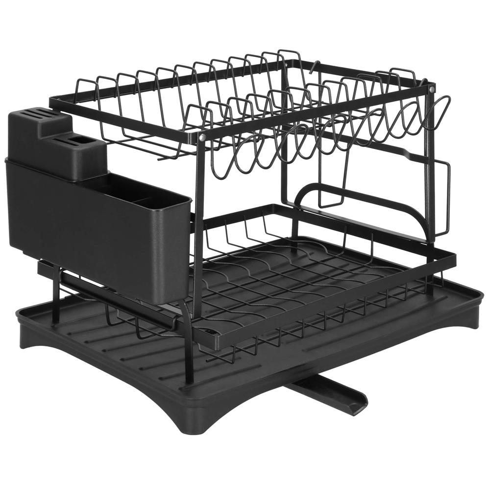 Organizatoare tacamuri - Suport vase 2 niveluri cu tava scurgere si suport tacamuri, 42x30x31,5 cm, negru