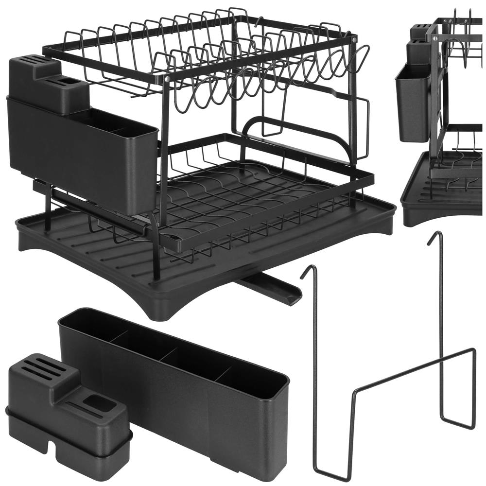 Suport vase 2 niveluri cu tava scurgere si suport tacamuri, 42x30x31,5 cm, negru [5]