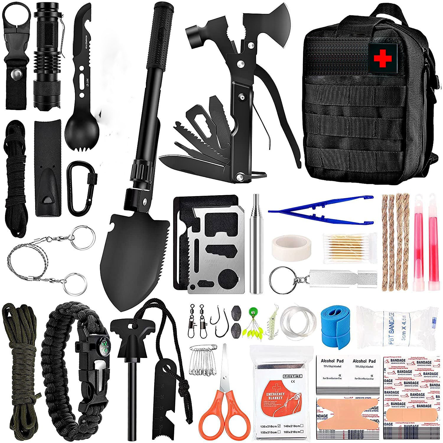 Corturi Evenimente si Articole Camping - Kit supravietuire multifuncional , 42 de Instrumente Profesionale, Echipament de prim-ajutor, Drumetie, Camping, Negru