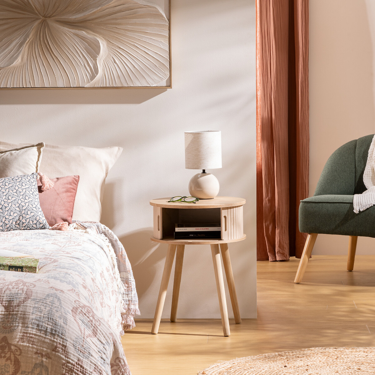 Noptiera rotunda Atmosphera Nysos cu 2 usi glisante si raft interior, 40x54 cm, crem natur [4]