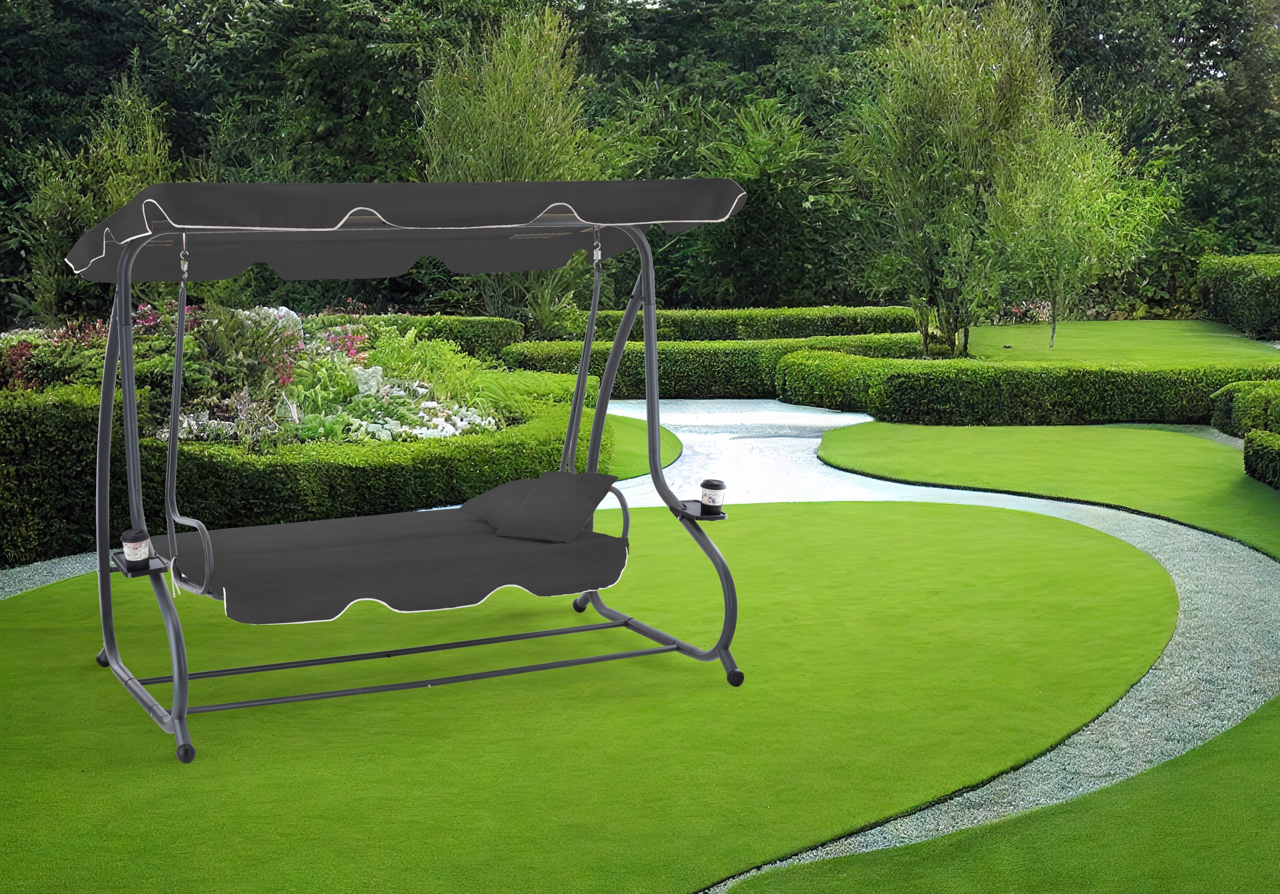 Leagan gradina 3 locuri cu baldachin reglabil, perne si suport pahare, 210x120x170 cm, gri inchis [3]