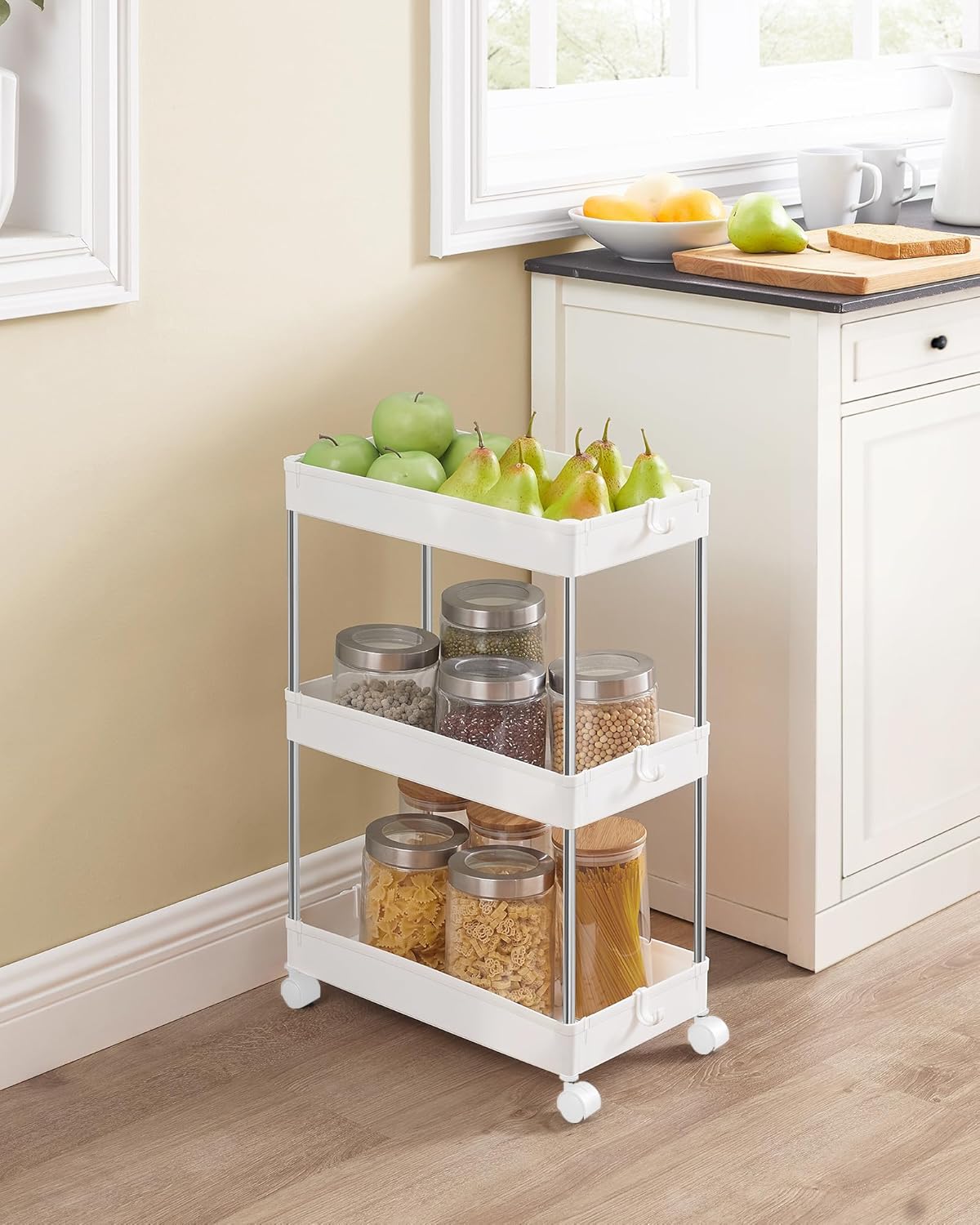 SONGMICS Carucior cu 3 niveluri, rafturi etajate detasabile, roti pivotante 360°, cadru metalic, 42x24x61 cm, alb [6]