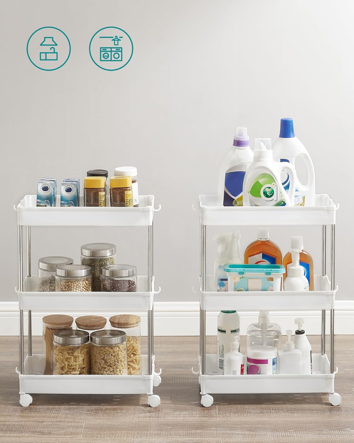 SONGMICS Carucior cu 3 niveluri, rafturi etajate detasabile, roti pivotante 360°, cadru metalic, 42x24x61 cm, alb [7]