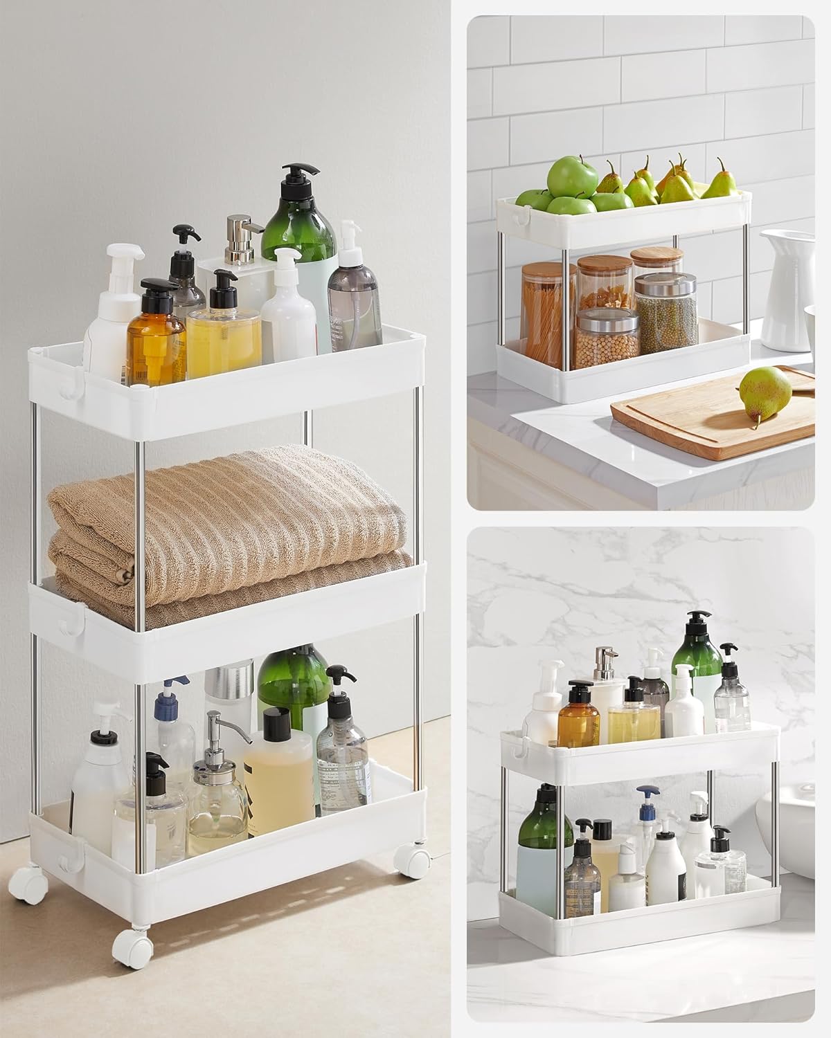 SONGMICS Carucior cu 3 niveluri, rafturi etajate detasabile, roti pivotante 360°, cadru metalic, 42x24x61 cm, alb [8]