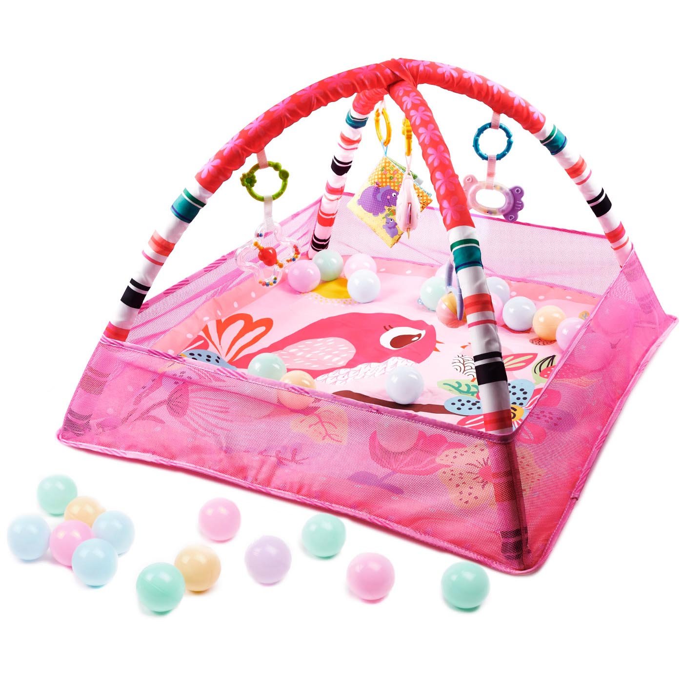 Tarcuri copii - Tarc de joaca pentru bebelusi, 76x76x50 cm, roz – cu jucarii, mingi si arcade interactive