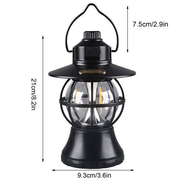 Lampă de camping retro portabilă, Felinar Vintage LED ABS, Acumulator inclus 1200 mAh, reincarcabila, 20 cm inaltime, 3 moduri de iluminare, intensitate reglabila,Lampa portabila pentru cort în aer liber, Negru [4]