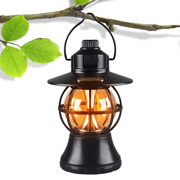 Lampă de camping retro portabilă, Felinar Vintage LED ABS, Acumulator inclus 1200 mAh, reincarcabila, 20 cm inaltime, 3 moduri de iluminare, intensitate reglabila,Lampa portabila pentru cort în aer liber, Negru [6]
