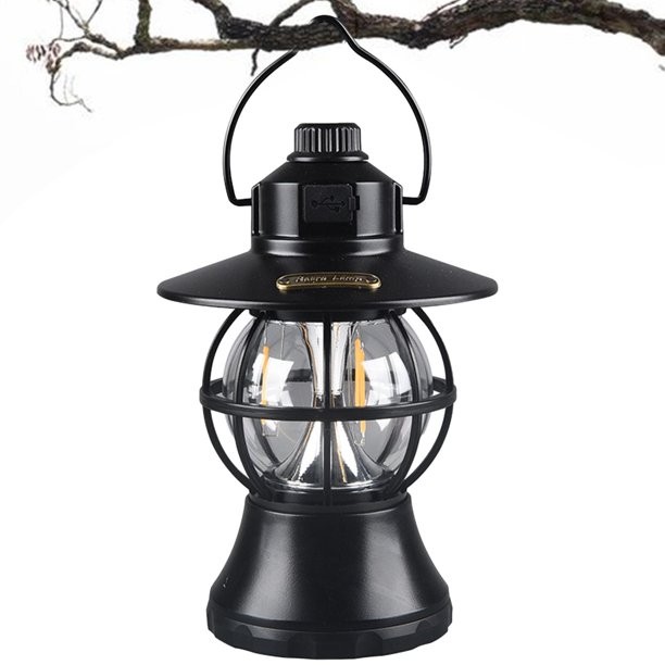 Lampă de camping retro portabilă, Felinar Vintage LED ABS, Acumulator inclus 1200 mAh, reincarcabila, 20 cm inaltime, 3 moduri de iluminare, intensitate reglabila,Lampa portabila pentru cort în aer liber, Negru [8]