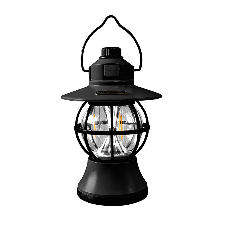 Articole pentru Gradina si Bricolaj - Lampă de camping retro portabilă, Felinar Vintage LED ABS, Acumulator inclus 1200 mAh, reincarcabila, 20 cm inaltime, 3 moduri de iluminare, intensitate reglabila,Lampa portabila pentru cort în aer liber, Negru