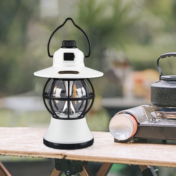 Lampă de camping retro portabilă, Felinar Vintage LED ABS, Acumulator inclus 1200 mAh, reincarcabila, 20 cm inaltime, 3 moduri de iluminare, intensitate reglabila,Lampa portabila pentru cort în aer liber, Alb [7]
