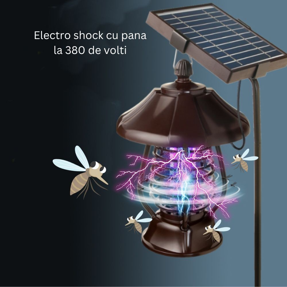 Lampi solare - Lampa solara pentru gradina, anti-insecte, tantari, muste, UV, LED, material ABS, putere 5W, 1.2 V, autonomie 8 ore, 2 moduri de functionare, IP65, electric shock 380 volti, 30 x 19.5 cm, maro