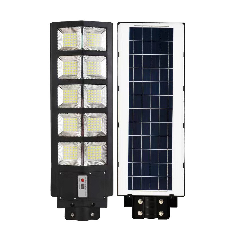 Lampi solare - Lampa solara stradala , cu telecomanda, senzor de miscare si lumina, suport prindere, 225 LED-uri, IP65, ABS, 15AH, 300W, temperatura culoare 6500K, 69.5x24.3x6.8 cm, autonomie 10-12 ore, negru