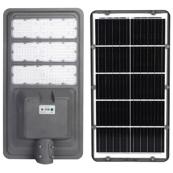 ✨TOATE PRODUSELE✨ - Lampa solara stradala , IP65, senzor de lumina, 306 LED-uri SMD, 3000 lm, panou 40W, putere 300W, autonomie 12-16 ore, telecomanda, montare prin fixare, pentru strada sau gradina, finisaj mat, material ABS, 70.3 x 36.5 x8.7 cm, lumina alb rece, gri