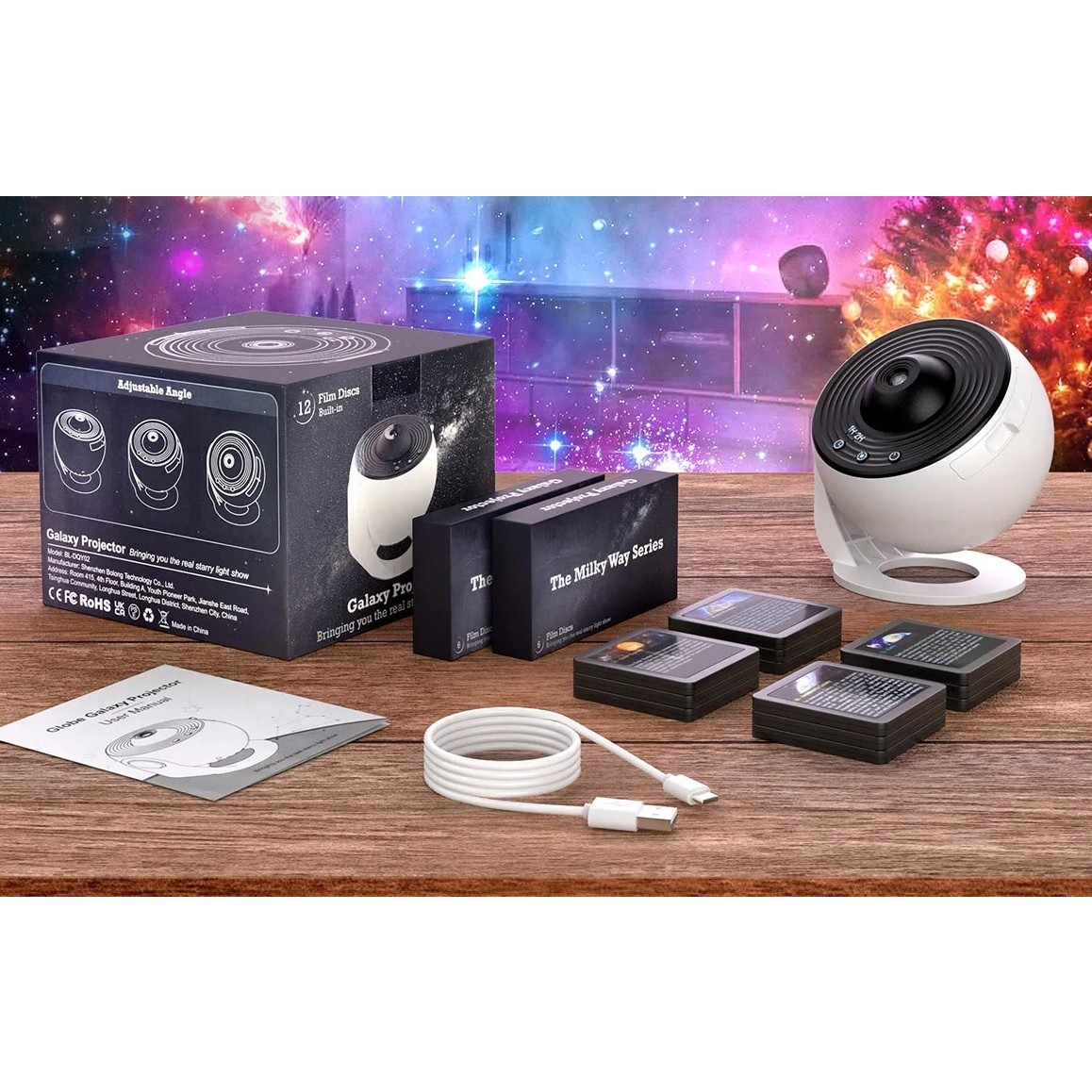 Lampa Tip Proiector Galaxie, , pentru Dormitor, Tematica Cer Instelat, Model Glob, HD, Rotire 360 de Grade, 20 de Imagini, Incarcare USB, 10 W, 15x15 cm, Alb Negru [11]