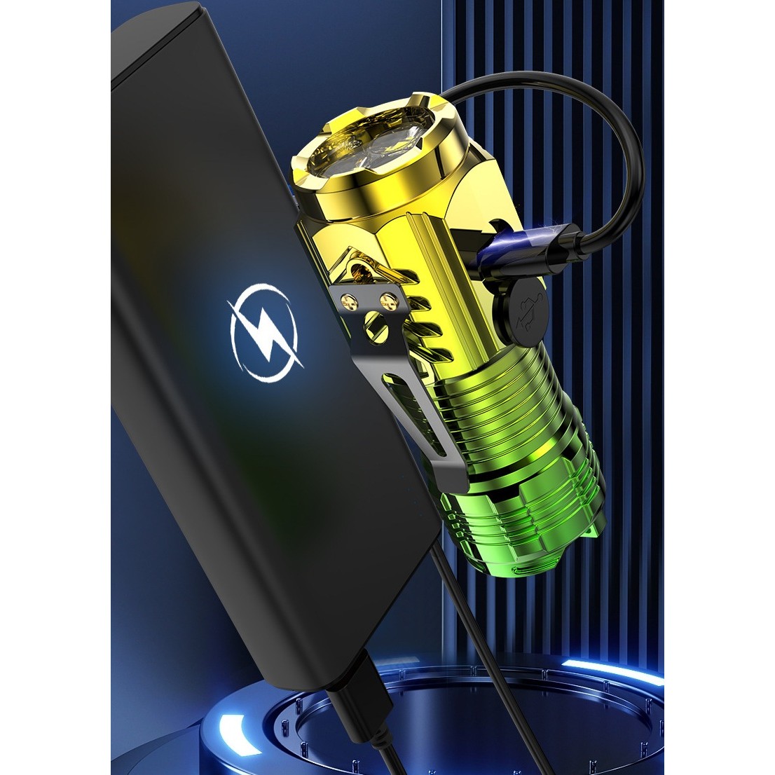 Lanterna cu 3 Nuclee Led, , Incarcare USB, Autonomie 4-20h, Raza Maxima 100-200 m, 5W, 4 x 4 x 9 cm, Suport de Agatat, Fund Magnetic, Galben/Verde [5]