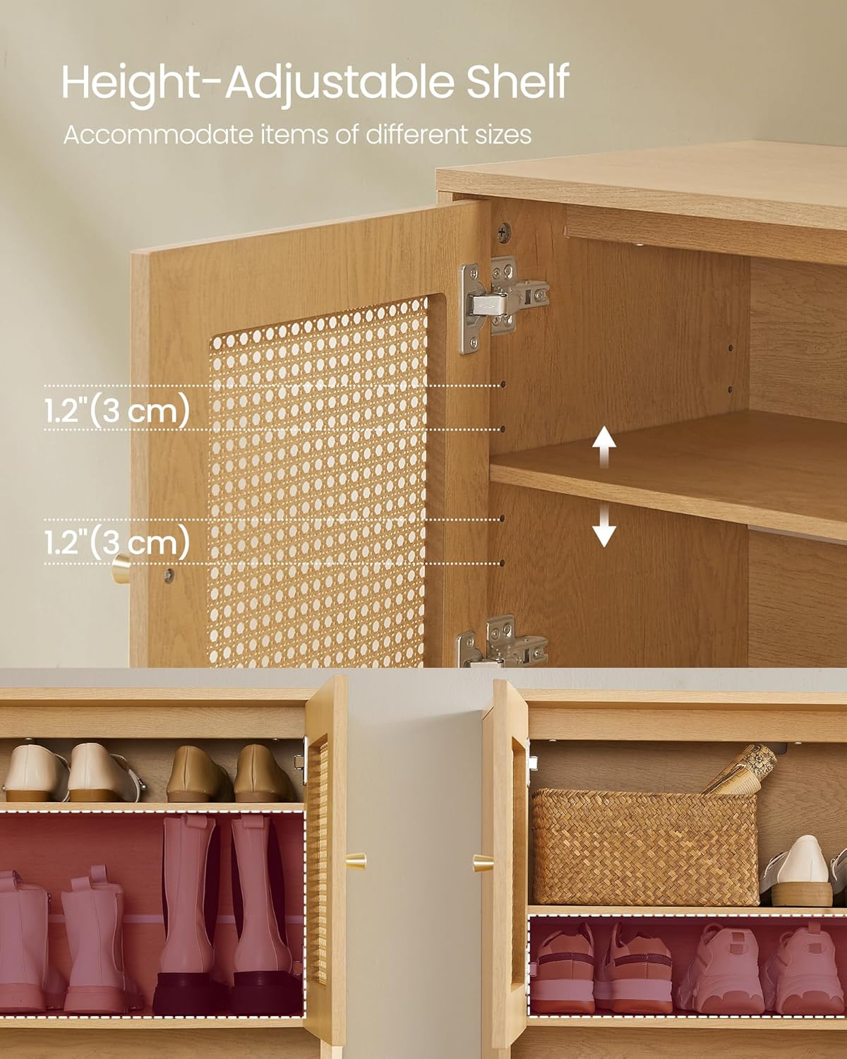 VASAGLE Raft pantofi 3 usi cu aspect ratan, cadru PAL si picioare metalice, stil boho, 80x35x70 cm, stejar bej [7]