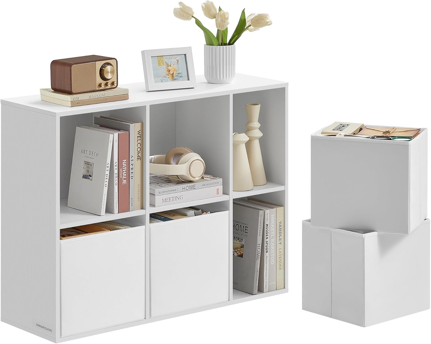 SONGMICS Etajera 6 compartimente, 4 sertare textile, PAL si MDF, 27x83x92 cm, alb [2]