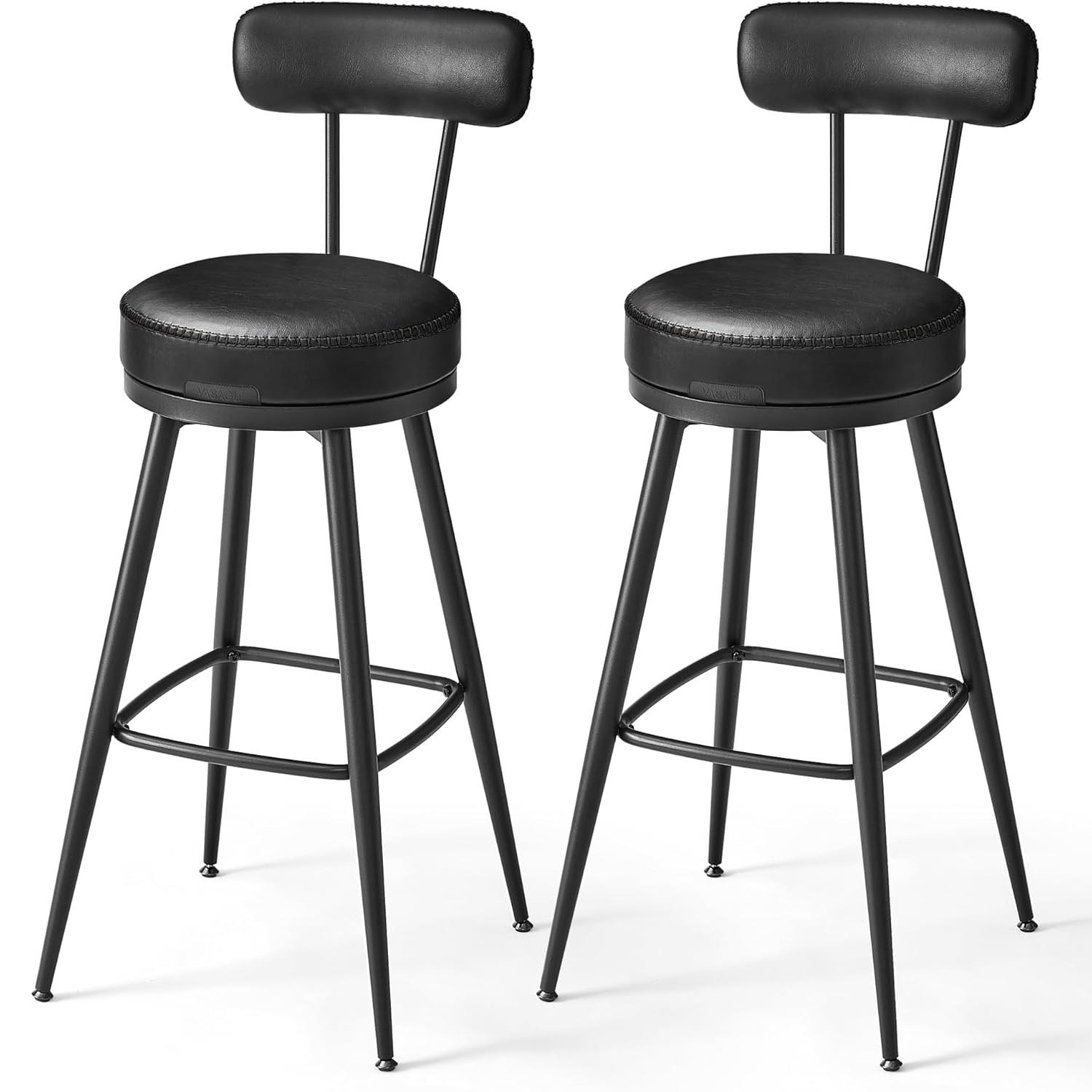 Scaune bar - VASAGLE set 2 scaune de bar rotative 360°, cu spatar, inaltime 101 cm, piele sintetica, cadru otel, stil modern, negru