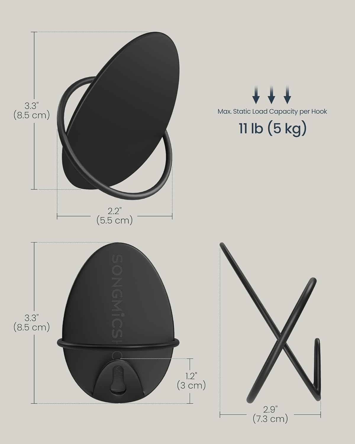 SONGMICS Set 4 carlige perete, design oval din otel, 5 kg per carlig, 9x5x7 cm, negru [3]