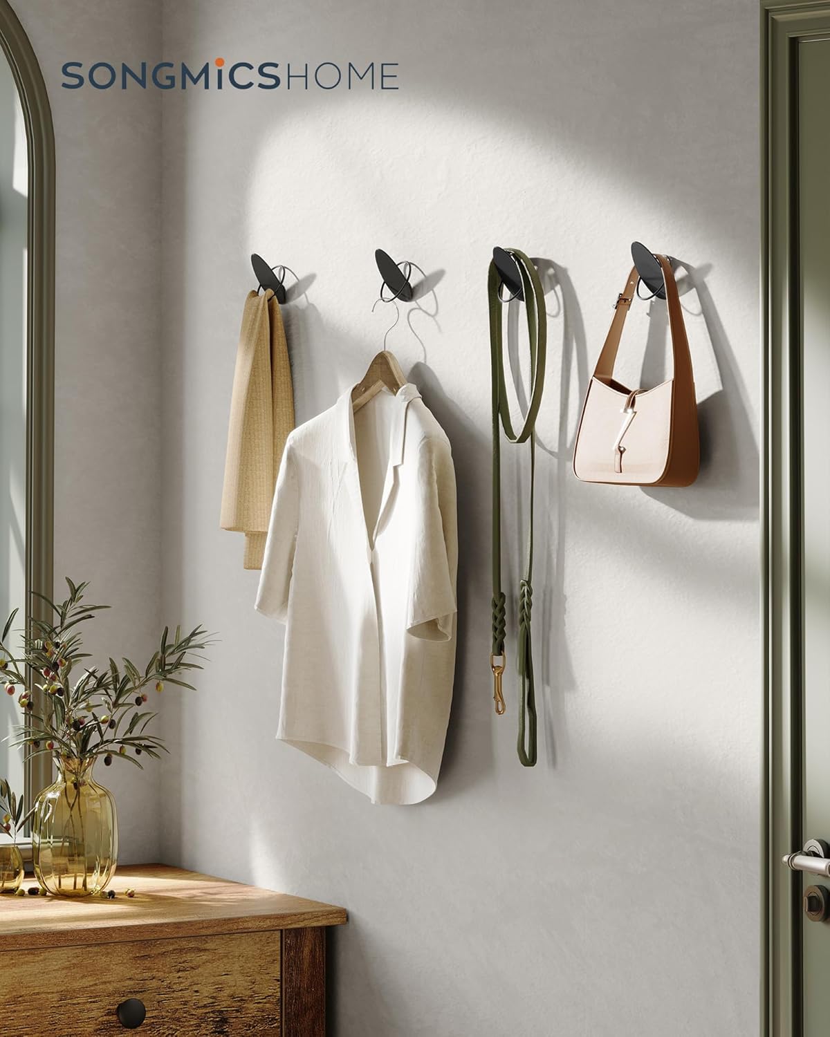 SONGMICS Set 4 carlige perete, design oval din otel, 5 kg per carlig, 9x5x7 cm, negru [4]