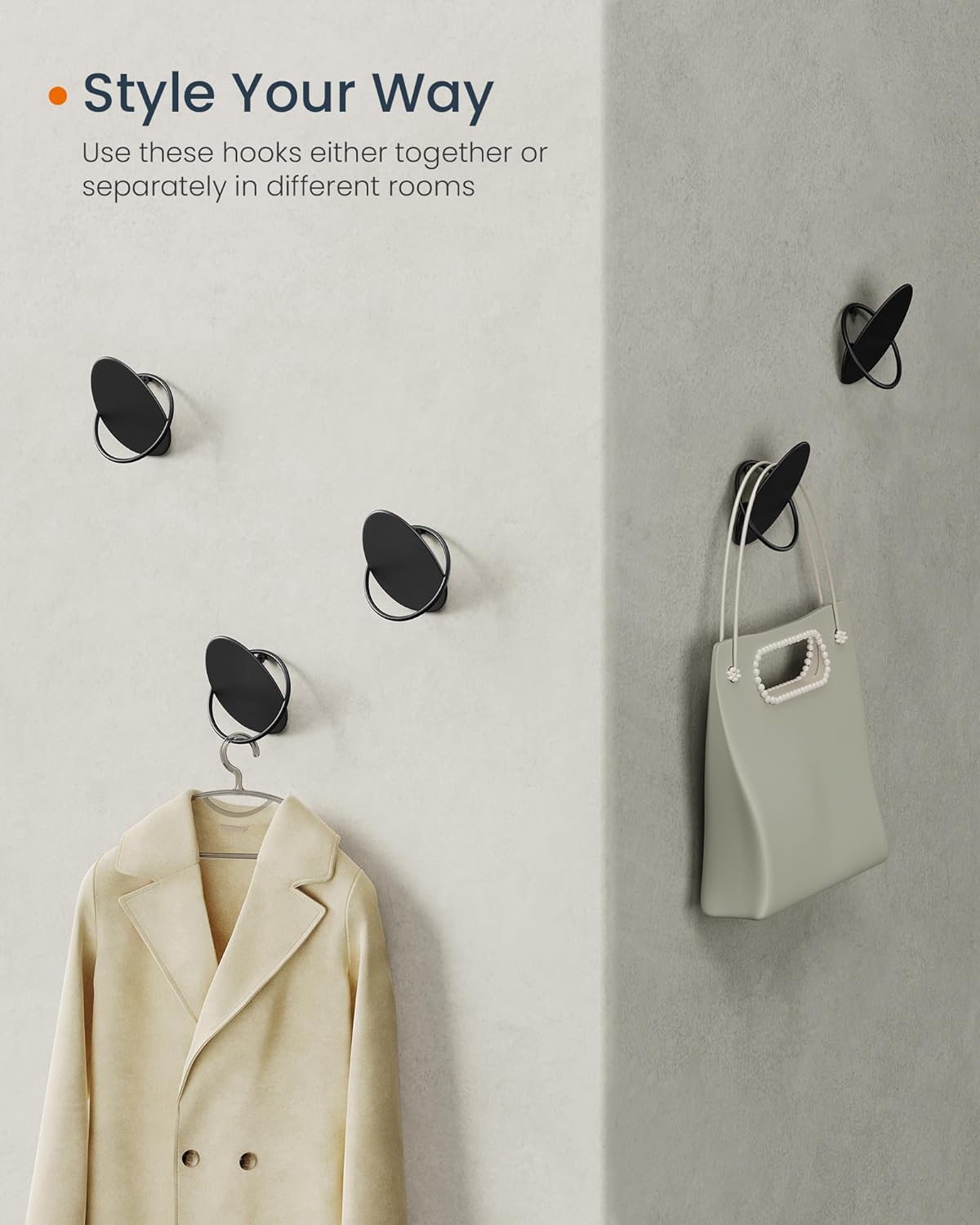 SONGMICS Set 4 carlige perete, design oval din otel, 5 kg per carlig, 9x5x7 cm, negru [6]