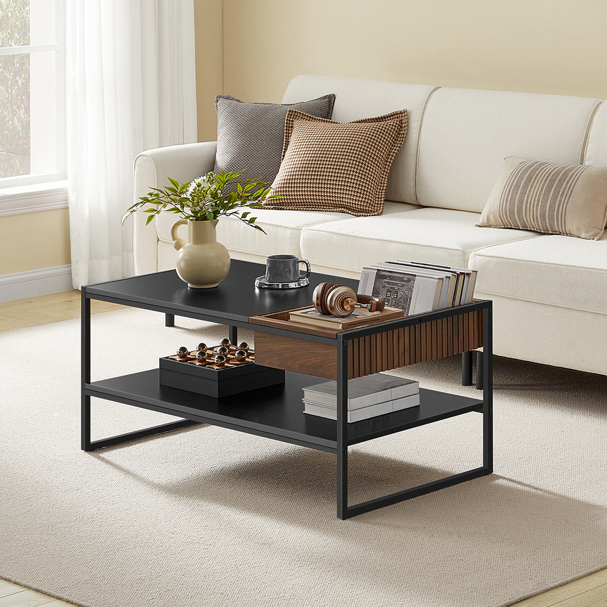 VASAGLE Masuta cafea cu sertar si raft inferior, structura otel, 100x55x45 cm, negru [2]