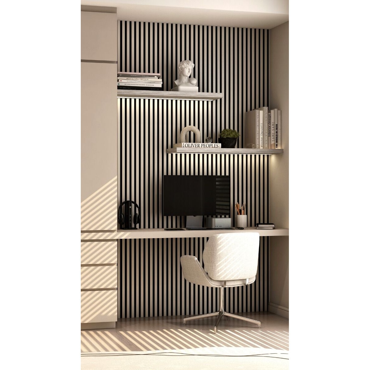 Riflaj MDF decorativ LDA PREMIUM de tip Panou Acoustic, ALB MAT, 260x40 cm [5]