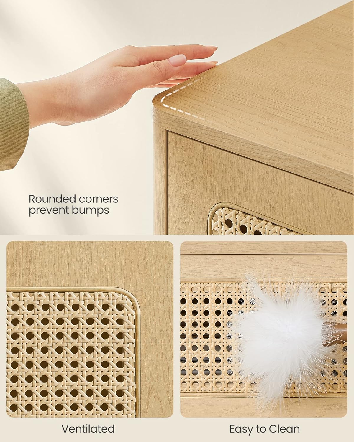 VASAGLE Noptiera 45x40x60 cm, cu sertar aspect ratan si raft, stil boho, PAL si MDF, natur [8]