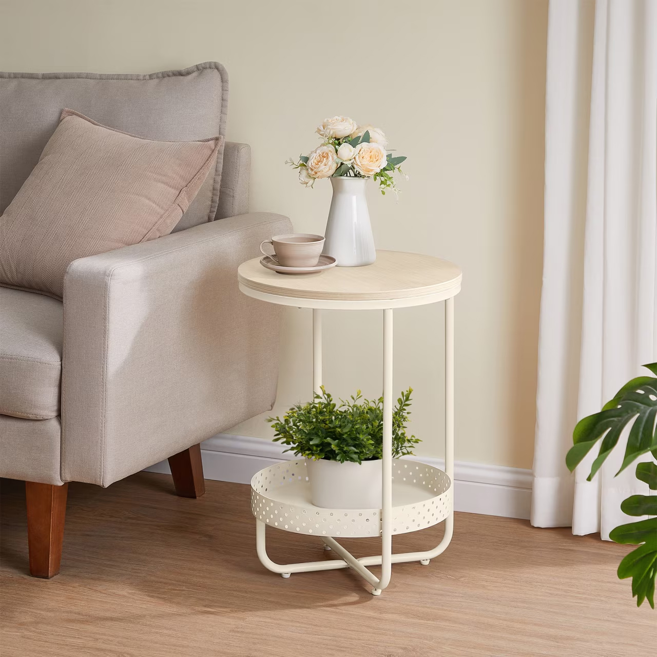 VASAGLE Masuta laterala tip noptiera, rotunda cu cos depozitare, cadru metalic, 40x55 cm, crem [2]