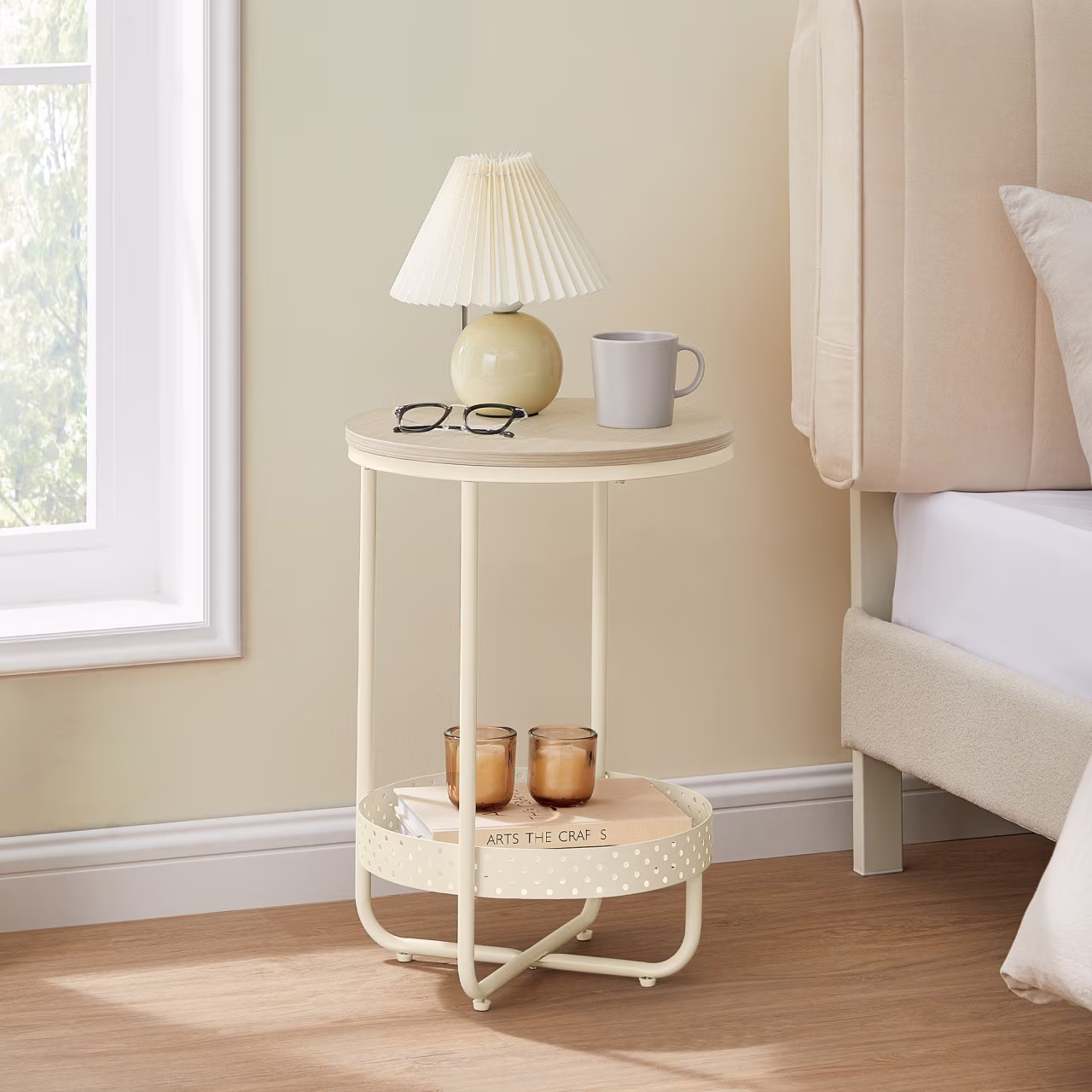 VASAGLE Masuta laterala tip noptiera, rotunda cu cos depozitare, cadru metalic, 40x55 cm, crem [3]