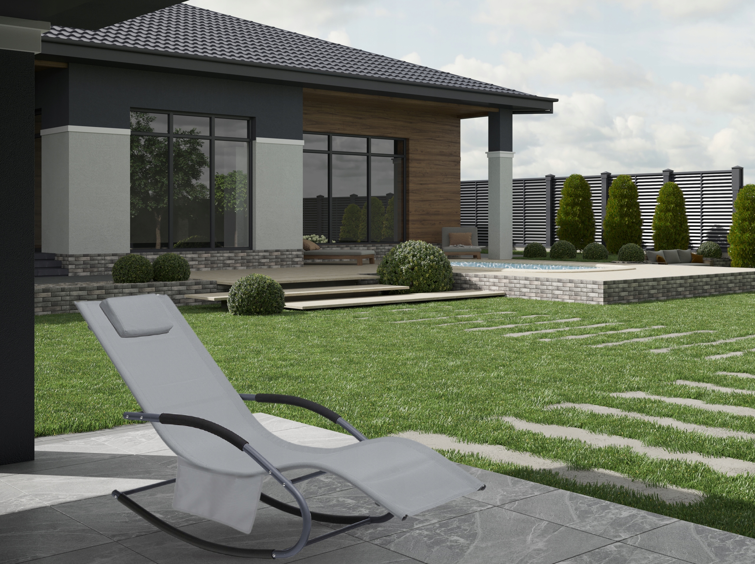 Leagan tip sezlong pentru gradina 148x63x87 cm, structura otel, textilen, design ergonomic, gri deschis [2]