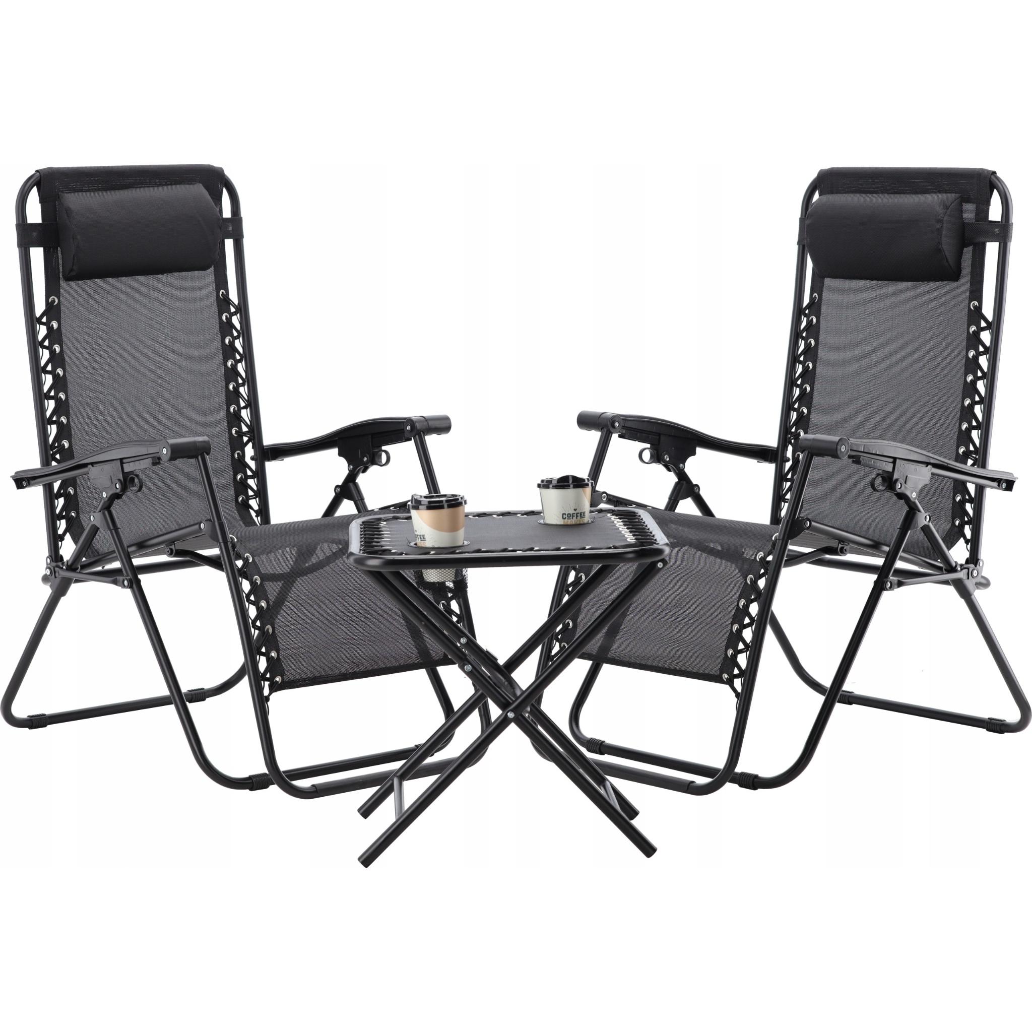 SEZLONGURI - Set 2 sezlonguri pliabile 90x65x110 cm cu masuta 50x50x50 cm, textilene si cadru metalic, negru
