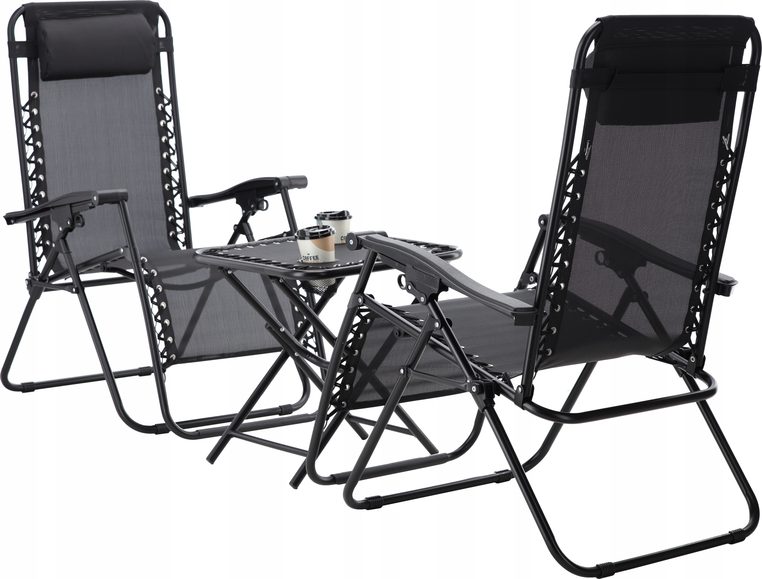 Set 2 sezlonguri pliabile 90x65x110 cm cu masuta 50x50x50 cm, textilene si cadru metalic, negru [10]