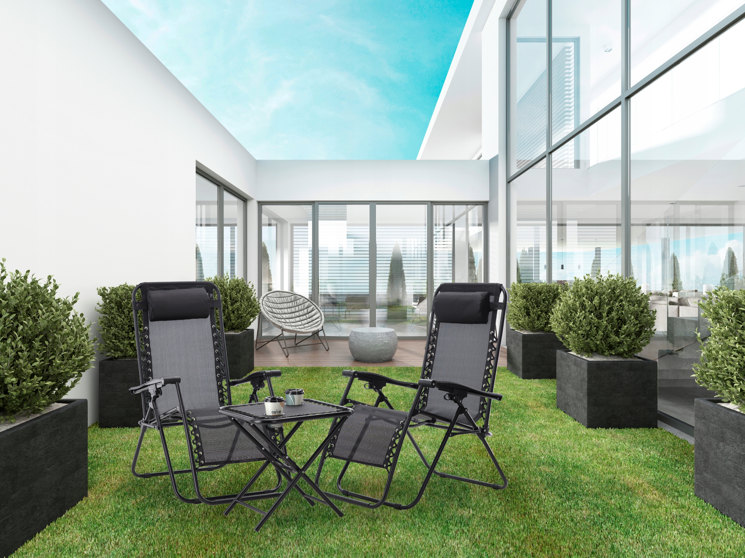 Set 2 sezlonguri pliabile 90x65x110 cm cu masuta 50x50x50 cm, textilene si cadru metalic, negru [11]