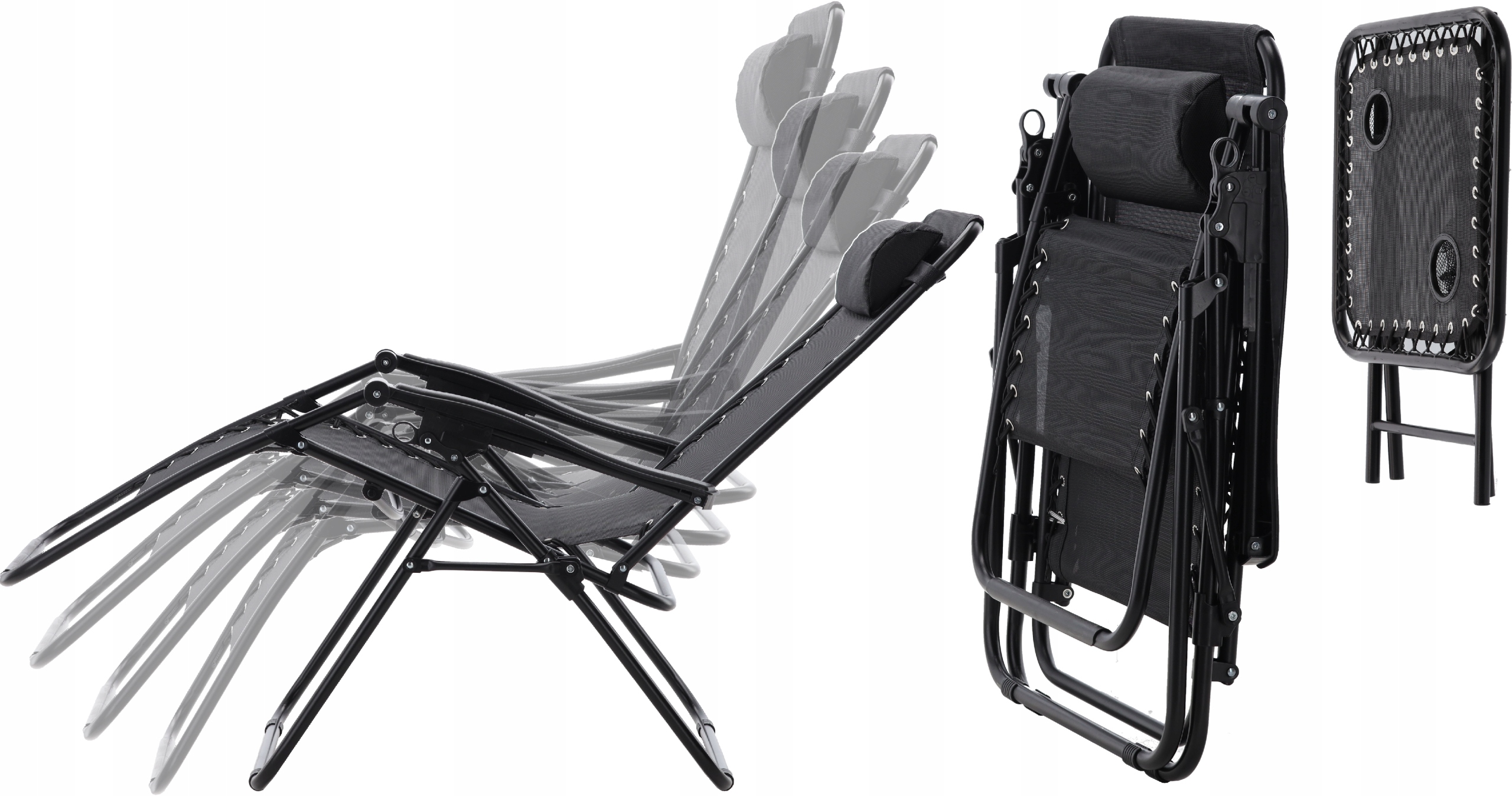 Set 2 sezlonguri pliabile 90x65x110 cm cu masuta 50x50x50 cm, textilene si cadru metalic, negru [2]