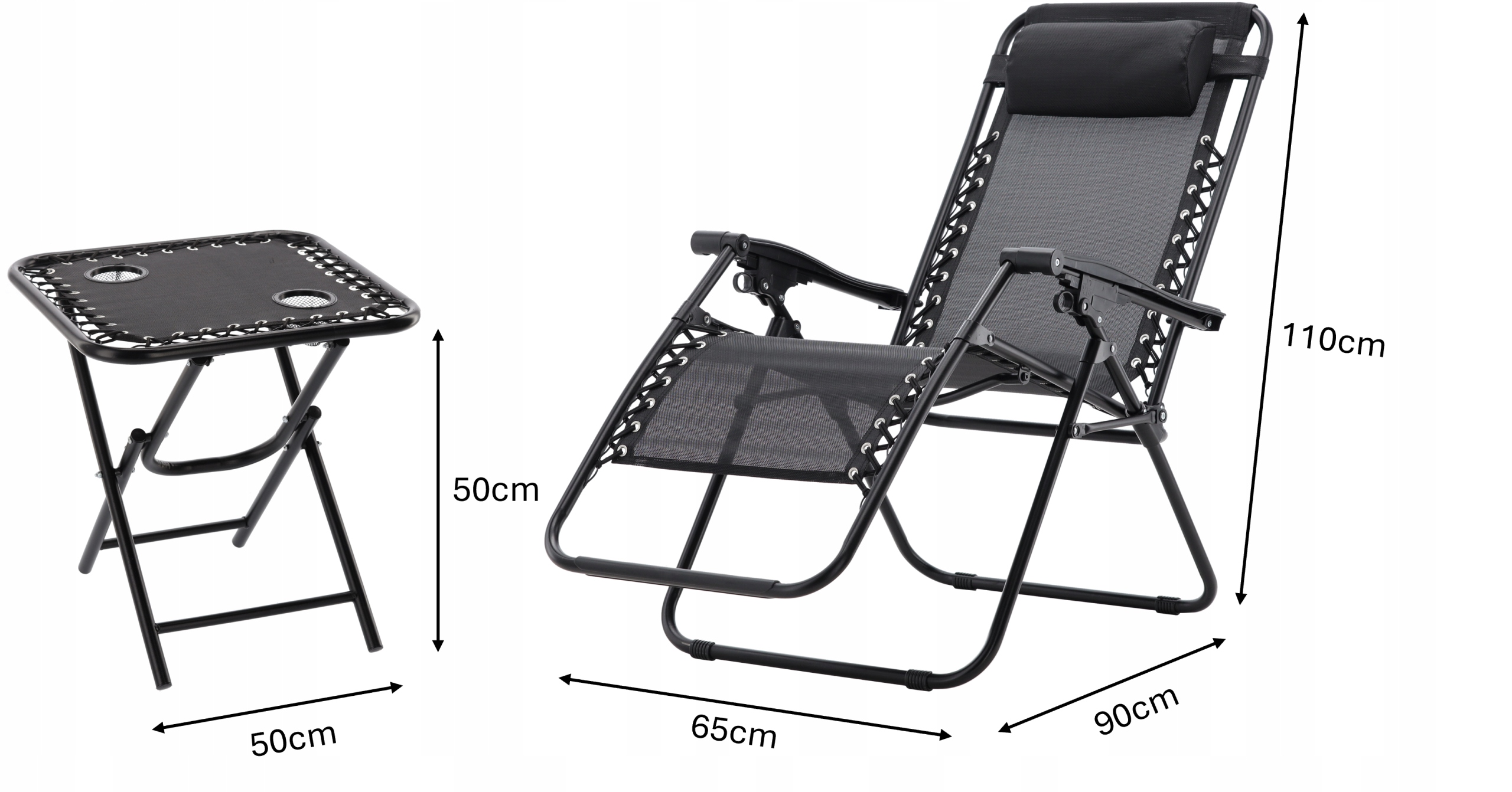 Set 2 sezlonguri pliabile 90x65x110 cm cu masuta 50x50x50 cm, textilene si cadru metalic, negru [5]