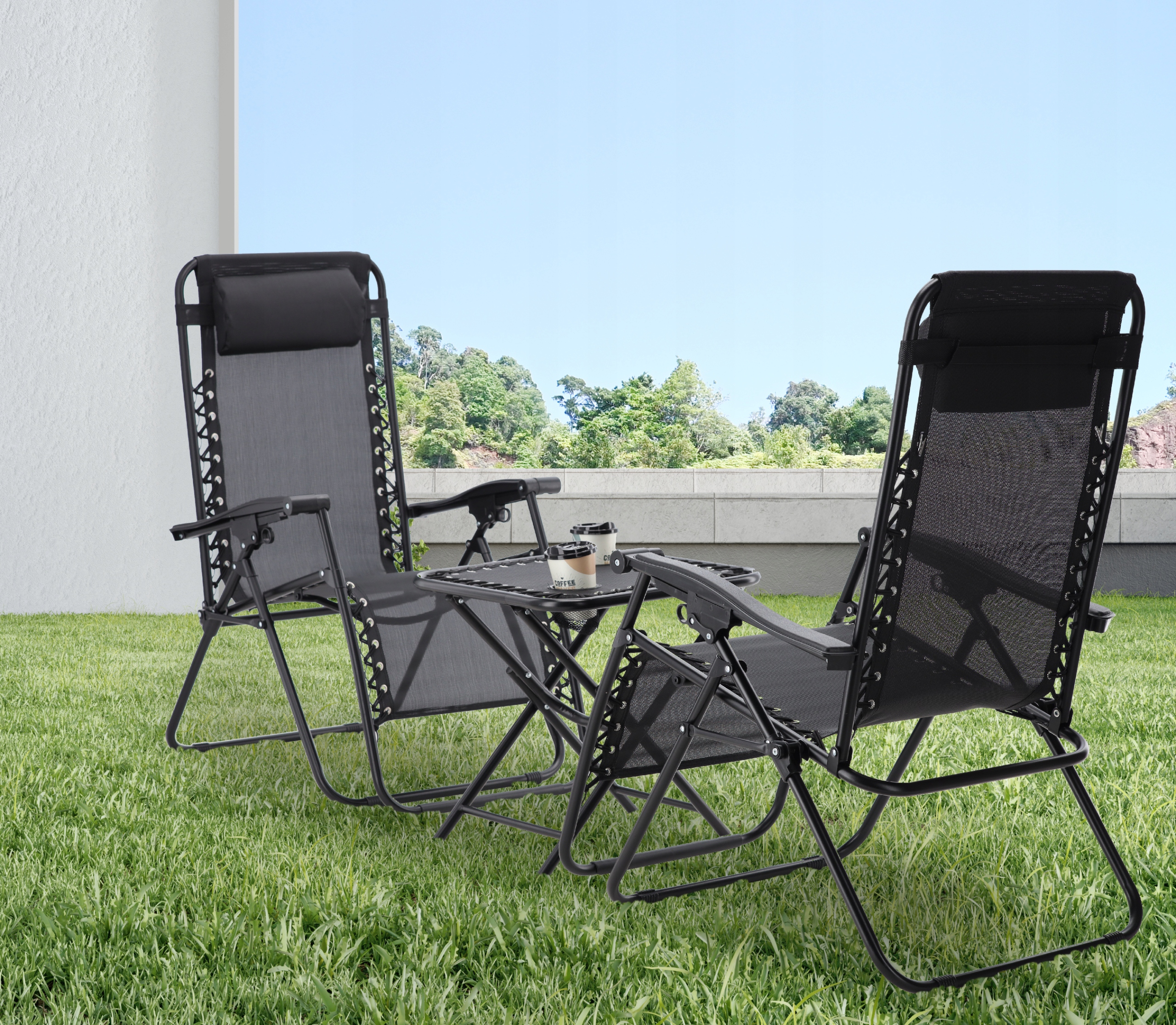 Set 2 sezlonguri pliabile 90x65x110 cm cu masuta 50x50x50 cm, textilene si cadru metalic, negru [8]