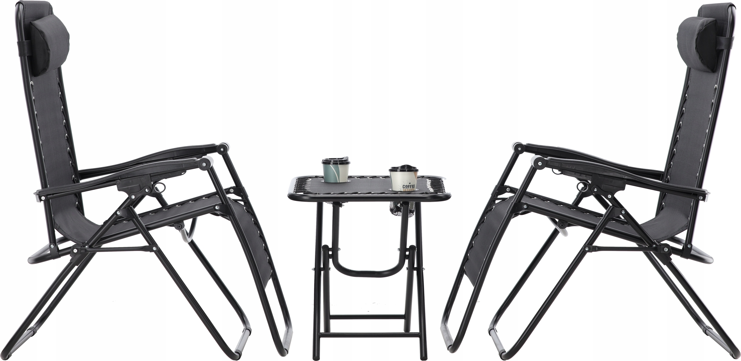 Set 2 sezlonguri pliabile 90x65x110 cm cu masuta 50x50x50 cm, textilene si cadru metalic, negru [9]