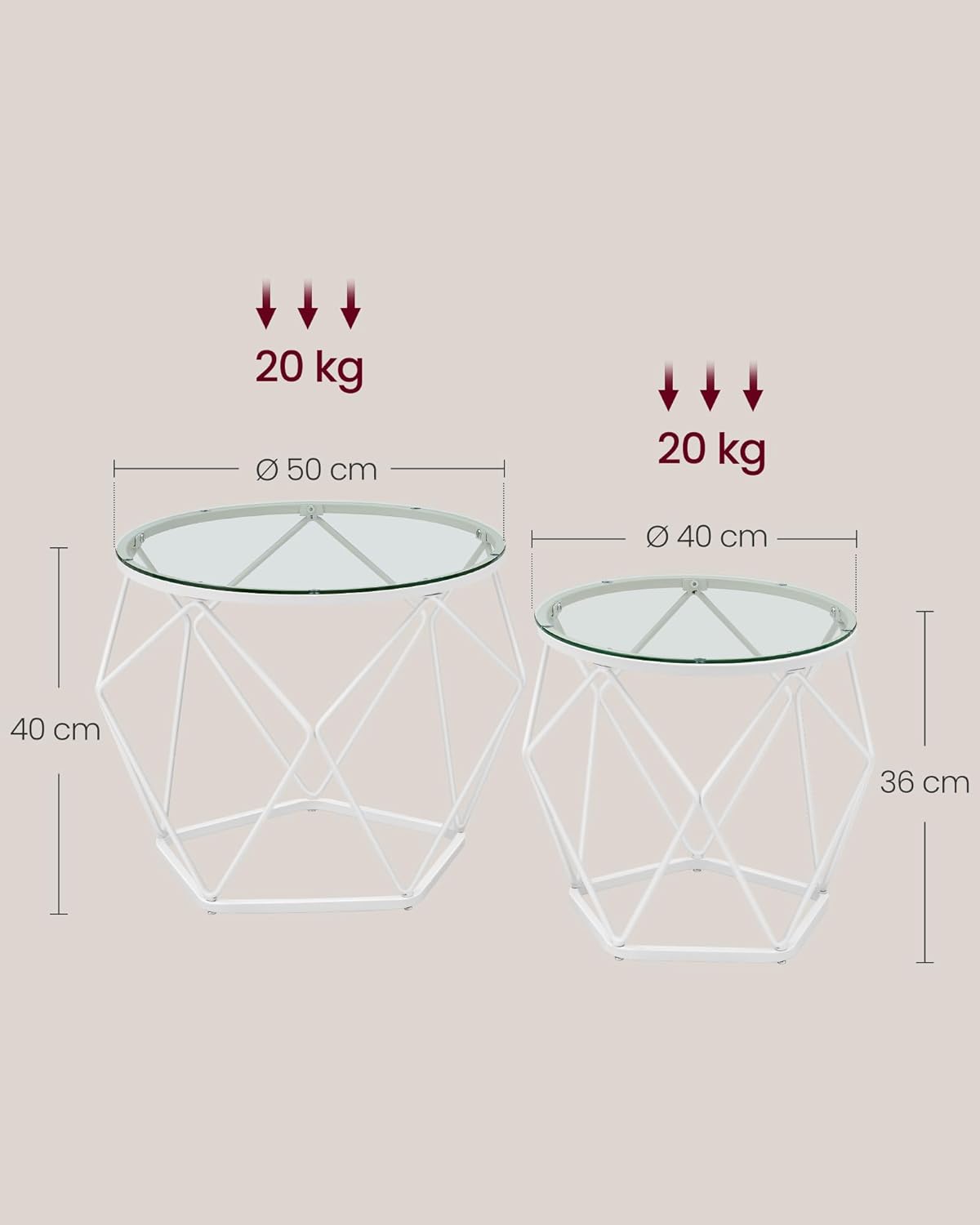 VASAGLE Set 2 masute rotunde, blat sticla securizata, cadru metalic alb, 40 si 50 cm, alb [2]
