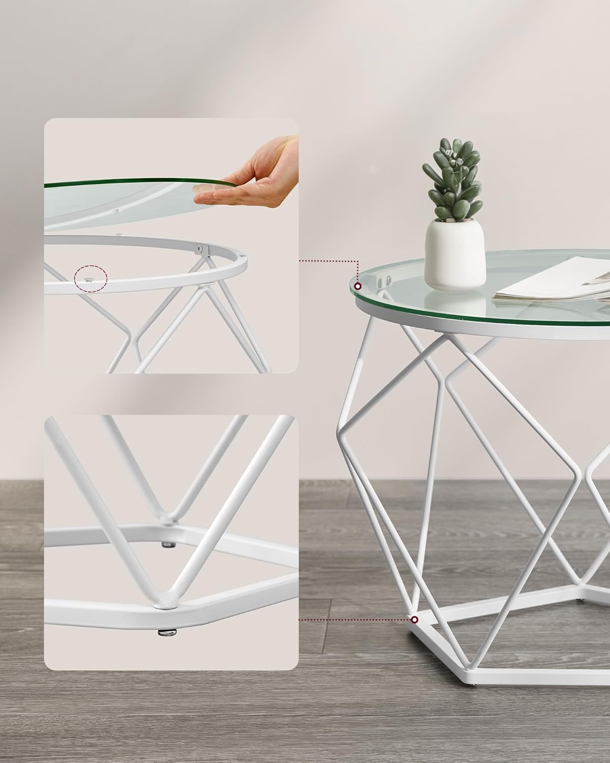 VASAGLE Set 2 masute rotunde, blat sticla securizata, cadru metalic alb, 40 si 50 cm, alb [4]