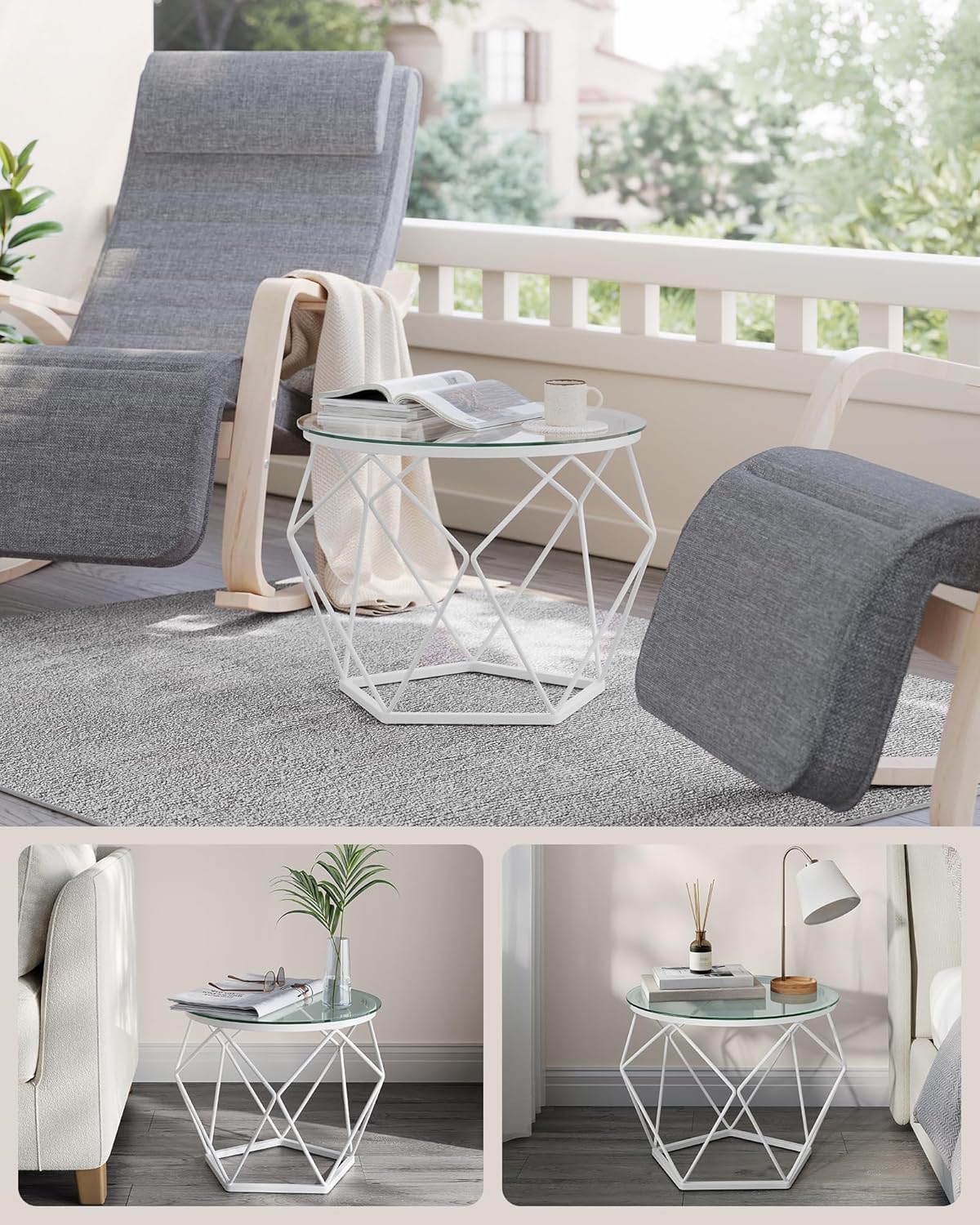 VASAGLE Set 2 masute rotunde, blat sticla securizata, cadru metalic alb, 40 si 50 cm, alb [8]