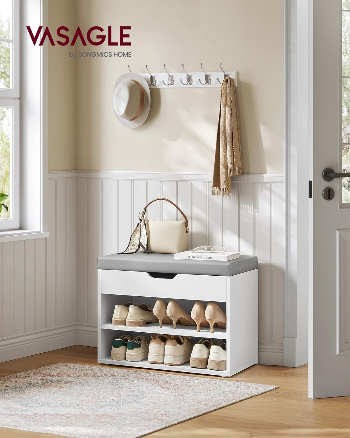 VASAGLE Pantofar cu bancheta tapitata, 3 compartimente, PAL si sezut din PU, 60x30x44 cm, alb [6]